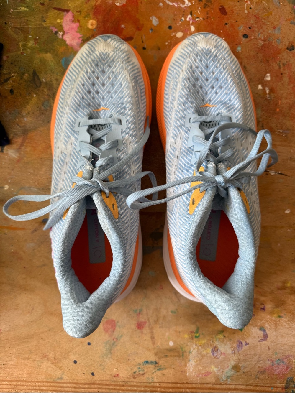 Light Blue and Orange Women's Hoka Clifton 9 Running Shoes - Lightweight Comfort